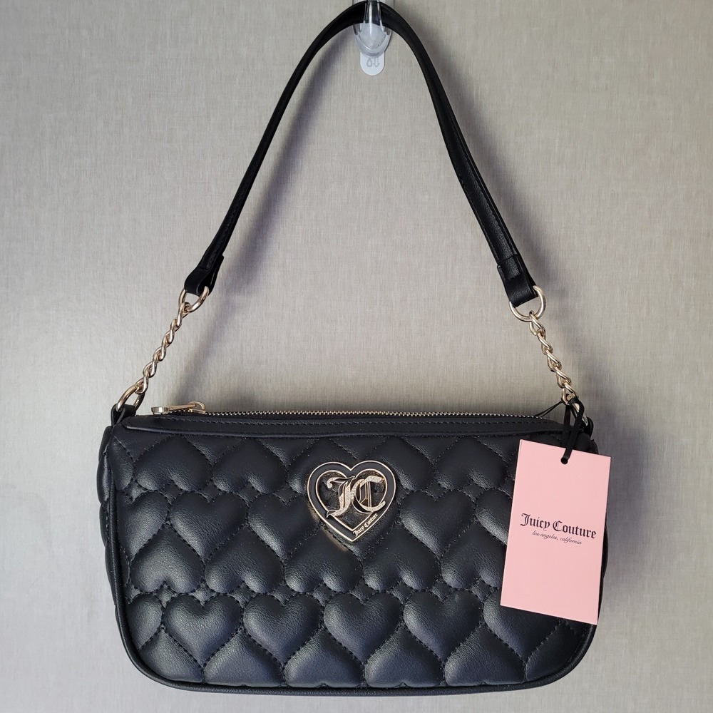 Juicy Couture Black Quilted Heart Shoulder Bag NWT‎ Rhinestone Logo Coquette
